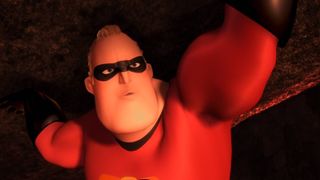 Mr. Incredible hoists a pillar in The Incredibles