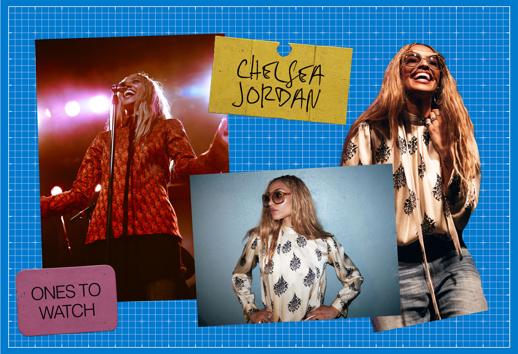 A slide featuring a collage of images of musician Chelsea Jordan on a blue background for our Ones to Watch in Music portfolio.