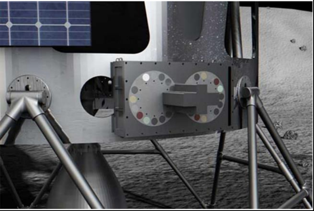 a dark grey rectangular instrument is mounted to the side of a spacecraft landed on the moon.