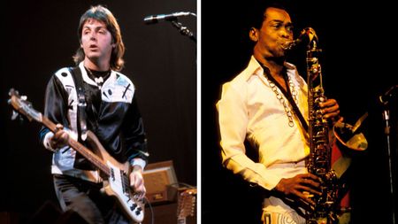 Left&ndash;Paul McCartney performing live onstage with Wings, playing Rickenbacker 4001S bass guitar; Right&ndash;Fela Kuti circa 1970s/80s