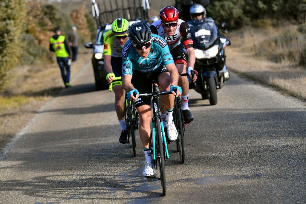 GARD FRANCE FEBRUARY 05 Alexis Gougeard of France and Team BB Hotels PB KTM competes in the breakaway during the 52nd toile De Bessges Tour Du Gard 2022 Stage 4 a 145km stage from Saint Hilaire de Brethmas to Mont Bouqueton 617m EDB2022 February 05 2022 in Gard France Photo by Luc ClaessenGetty Images