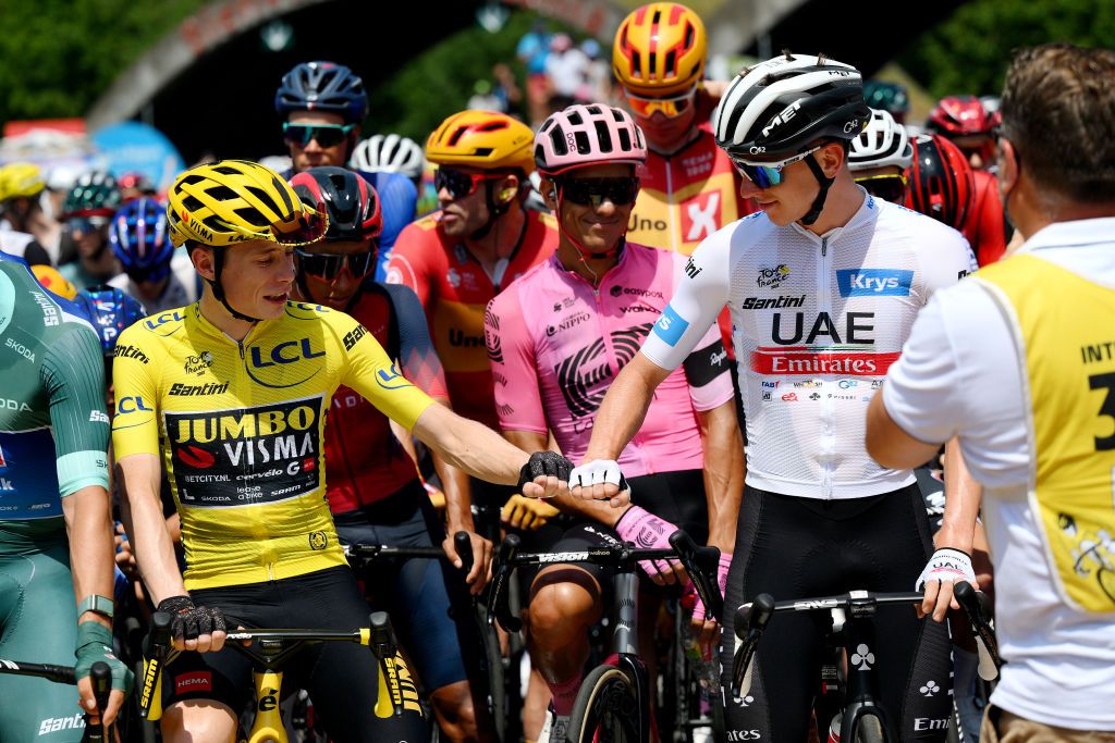 VULCANIA FRANCE JULY 11 LR Jonas Vingegaard of Denmark and Team JumboVisma Yellow leader jersey and Tadej Pogacar of Slovenia and UAE Team Emirates White best young jersey prior to the stage ten of the 110th Tour de France 2023 a 1672km stage from Vulcania to Issoire UCIWT on July 11 2023 in Vulcania France Photo by David RamosGetty Images