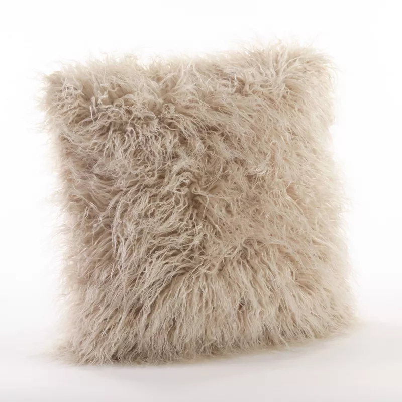 18"x18" Poly Filled Faux Mongolian Fur Square Throw Pillow Oatmeal - Saro Lifestyle: Decorative, Fuzzy, Zippered