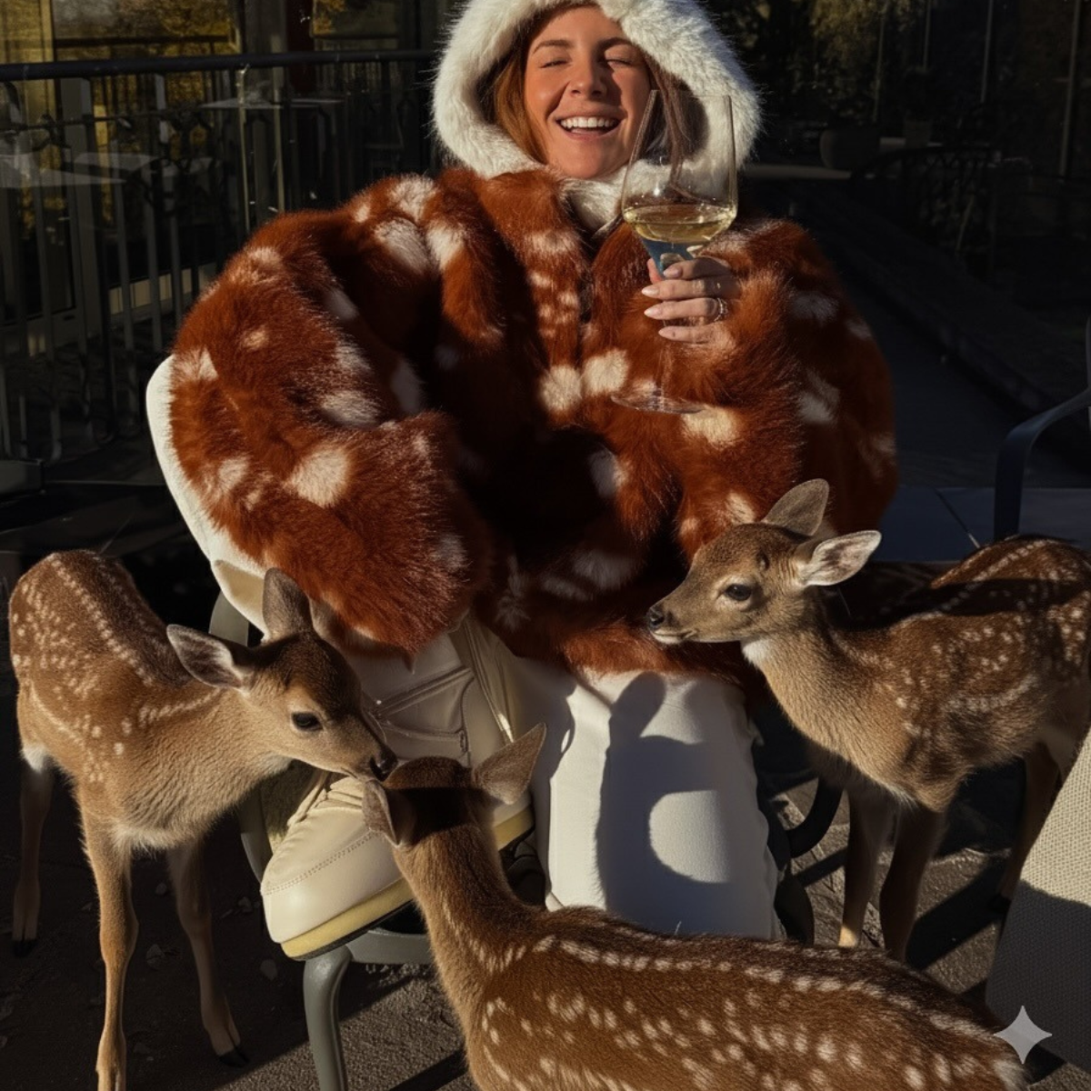 Rebecca Ferraz-Wyatt wears the deer print trend. She wears a deer print coat. 
