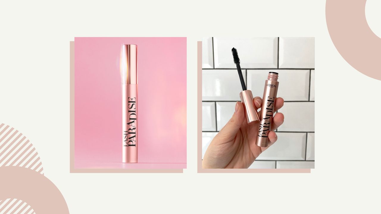 Collage showing L&#039;Oréal Lash Paradise on pink background and open packaging