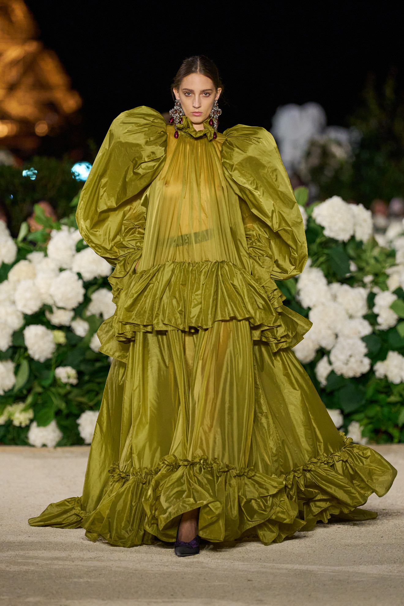 A model wore a freaky green color trend on the Saint Laurent Spring 2026 runway