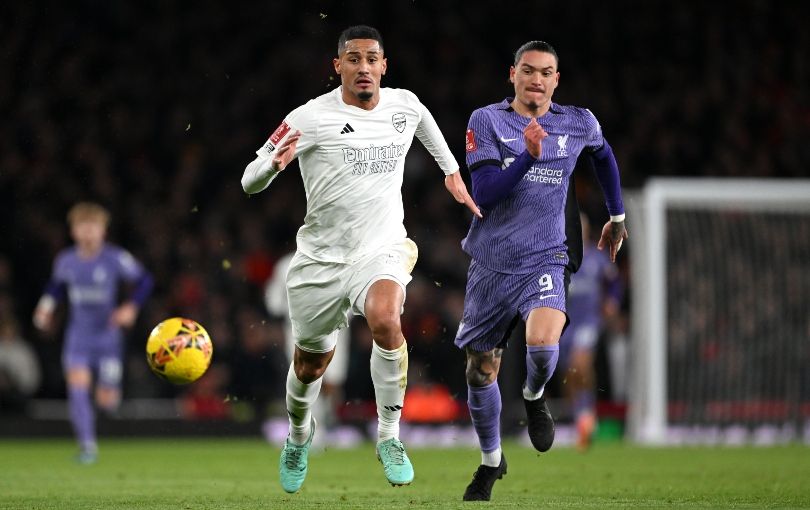 William Saliba and Darwin Nunez chase down the ball