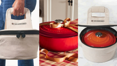 Le Creuset's Round Dutch Oven Tote Bag, pictured in transit and on a table, storing a round Le Creuset Dutch Oven