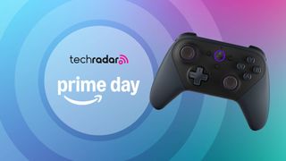 The Amazon Luna Controller in front of a blue, teal and magenta background that reads 'TechRadar: Prime Day'.