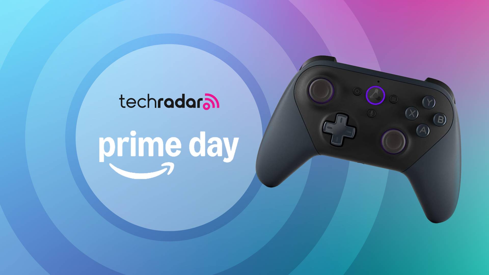 The Amazon Luna Controller in front of a blue, teal and magenta background that reads &#039;TechRadar: Prime Day&#039;.