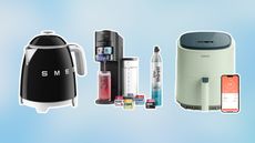 A trio of the best small kitchen appliances including mini Smeg kettle, Ninja Thirsti CO2 Flavored water soda machine and Cosori Lite air fryer