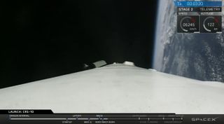 The view from a camera mounted to the Falcon 9 booster first stage during its return to Earth on Feb. 19, 2017 after launching a Dragon cargo mission for NASA.