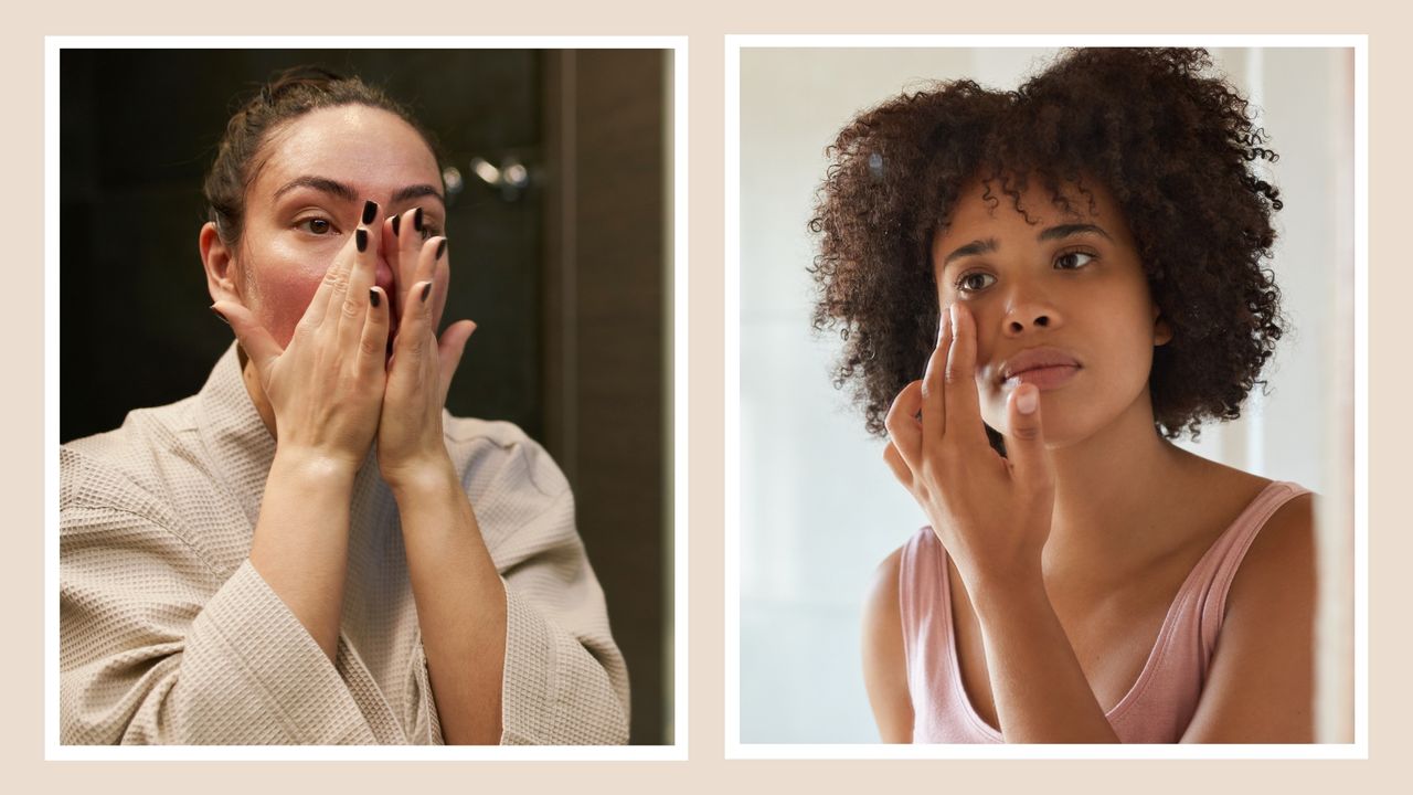 Two women pictured touching their faces to demonstrate the signs of winter skin/ in a cream template