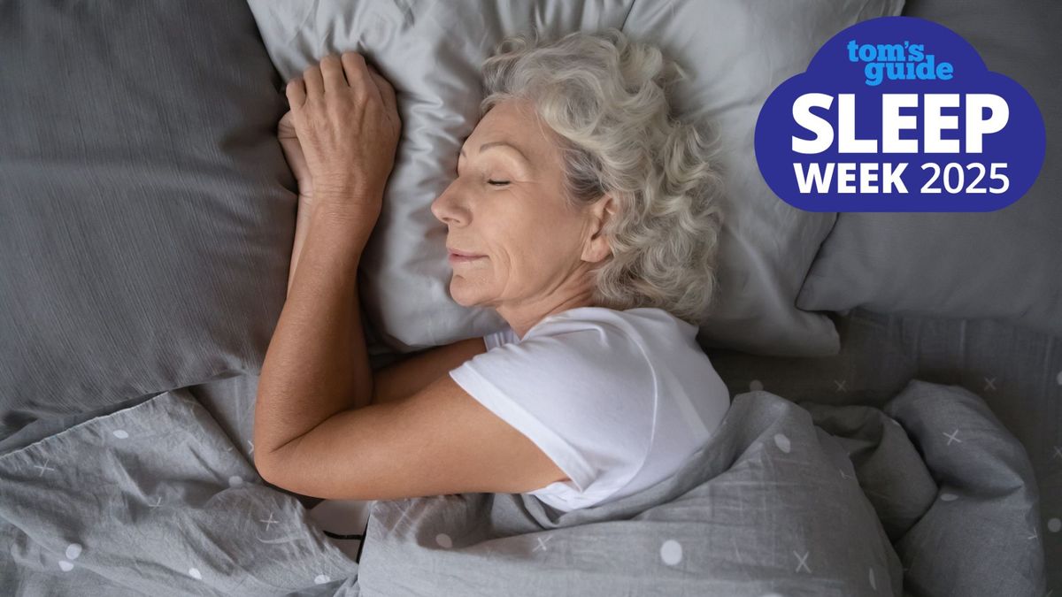 An older woman sleeping deeply on her side with a Tom&#039;s Guide Sleep Week 2025 logo in the top right corner