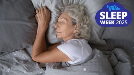 An older woman sleeping deeply on her side with a Tom's Guide Sleep Week 2025 logo in the top right corner