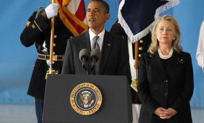 President Obama, accompanied by Secretary of State Hillary Clinton, speaks during the Transfer of Remains Ceremony on Sept. 14 for the return of the Americans killed during the Sept. 11 Bengh