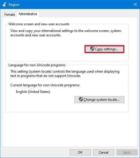 Region Administrative copy settings option