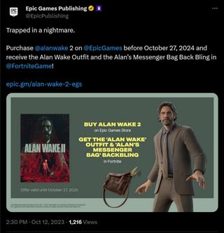 Trapped in a nightmare. Purchase @alanwake 2 on @EpicGames before October 27, 2024 and receive the Alan Wake Outfit and the Alan’s Messenger Bag Back Bling in @FortniteGame !