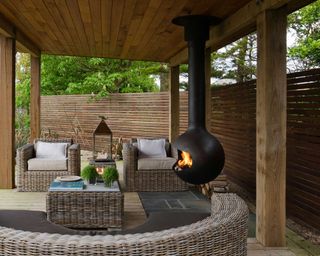 modern fire pit on covered deck