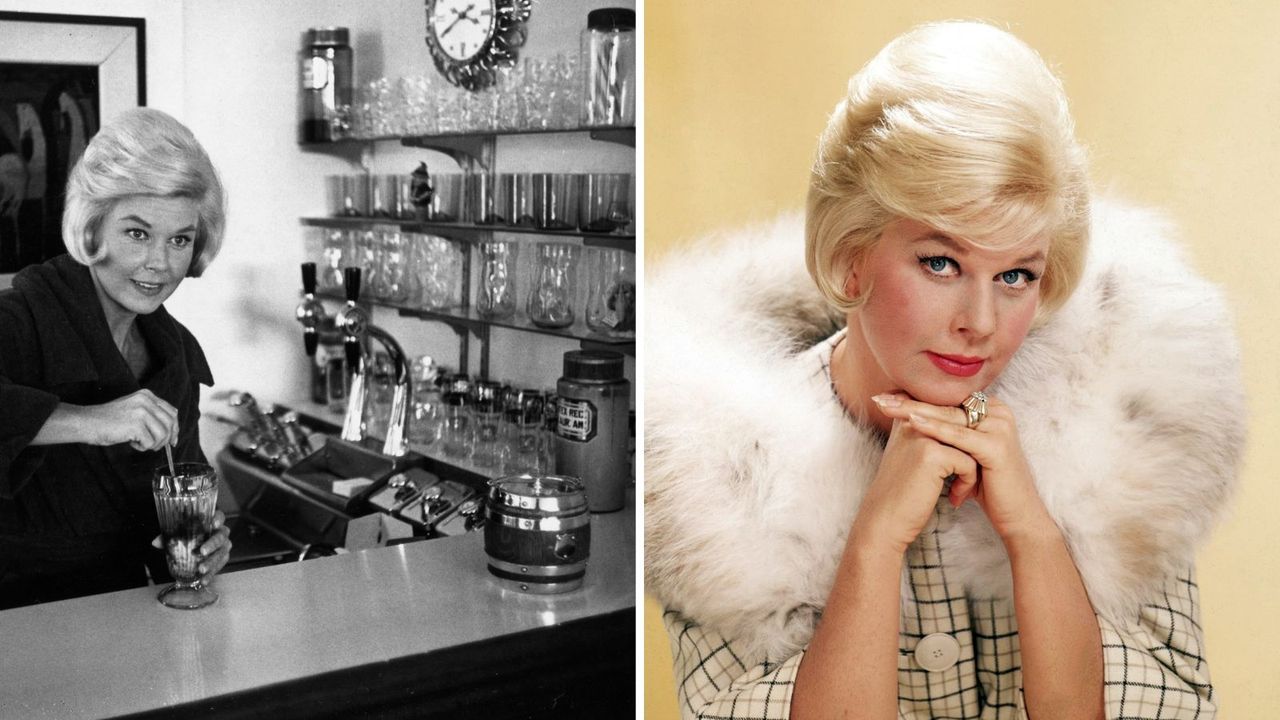 a split screen image of doris day in her los angeles home on the left and against a yellow background on the right