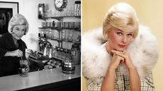 a split screen image of doris day in her los angeles home on the left and against a yellow background on the right