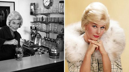 a split screen image of doris day in her los angeles home on the left and against a yellow background on the right