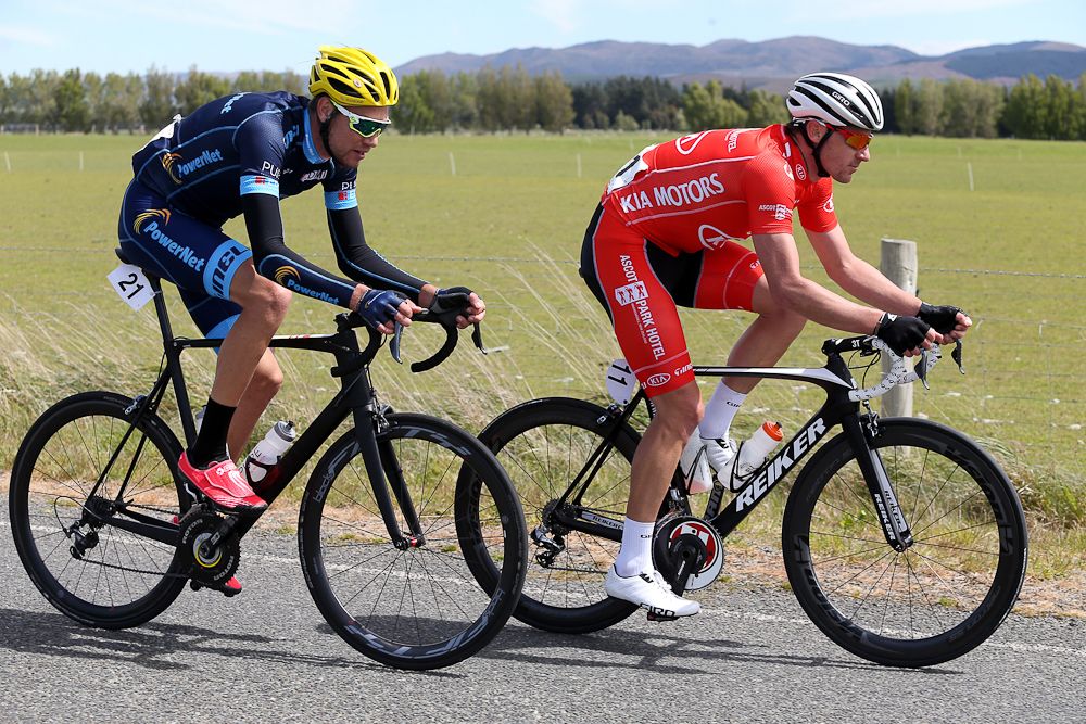 Roman van Uden of Auckland, left, and Marc Ryan of Timaru in the breakaway group in stage one of the Tour of Southland