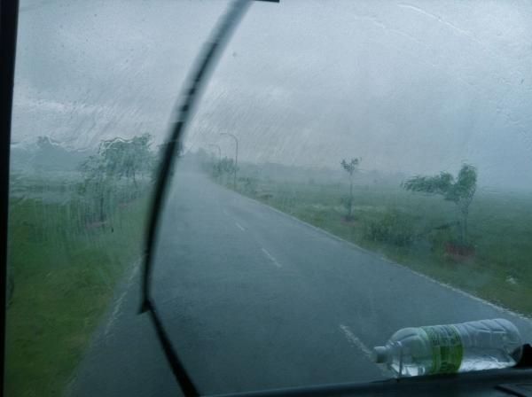 The epic monsoon-like conditions didn't slow down the driver.