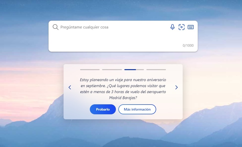 El motor de búsqueda con IA de Microsoft Bing con una consulta de ejemplo