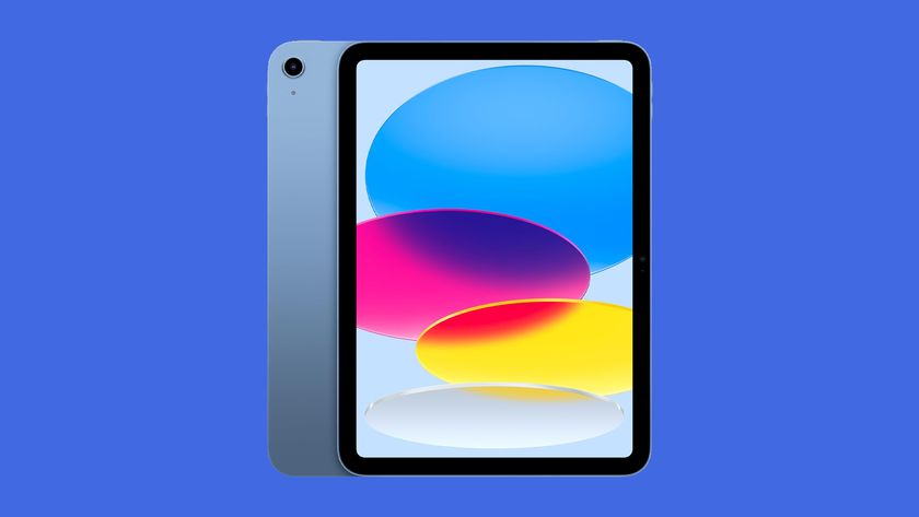 The standard iPad on a blue background. 