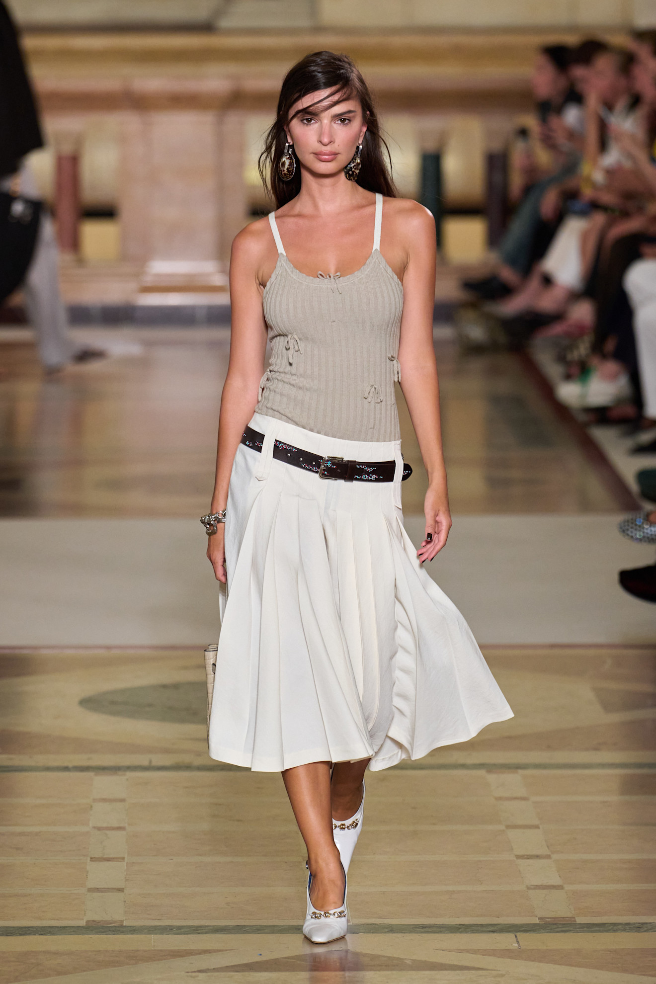 Tory Burch S26 emily ratajowski wears skirt and spaghetti strap vest