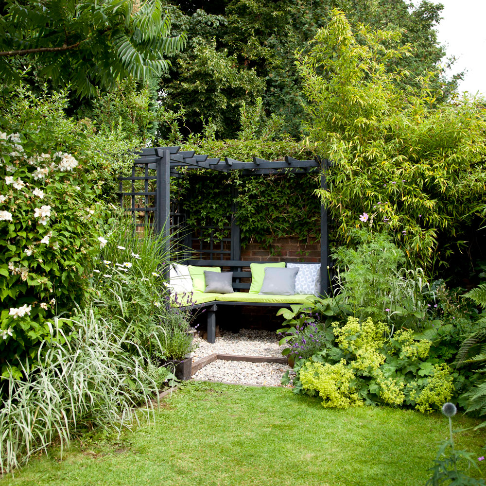 garden with cushion and white flower