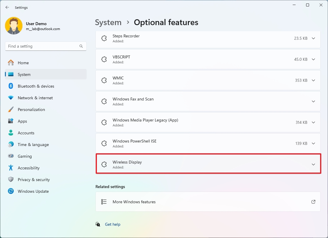 Wireless Display feature installed