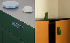 Petra hardware shown on kitchen cabinets: blue lucite and green wood