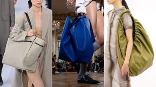 Three women with XL totes on the runway illustrating handbag trends 2024