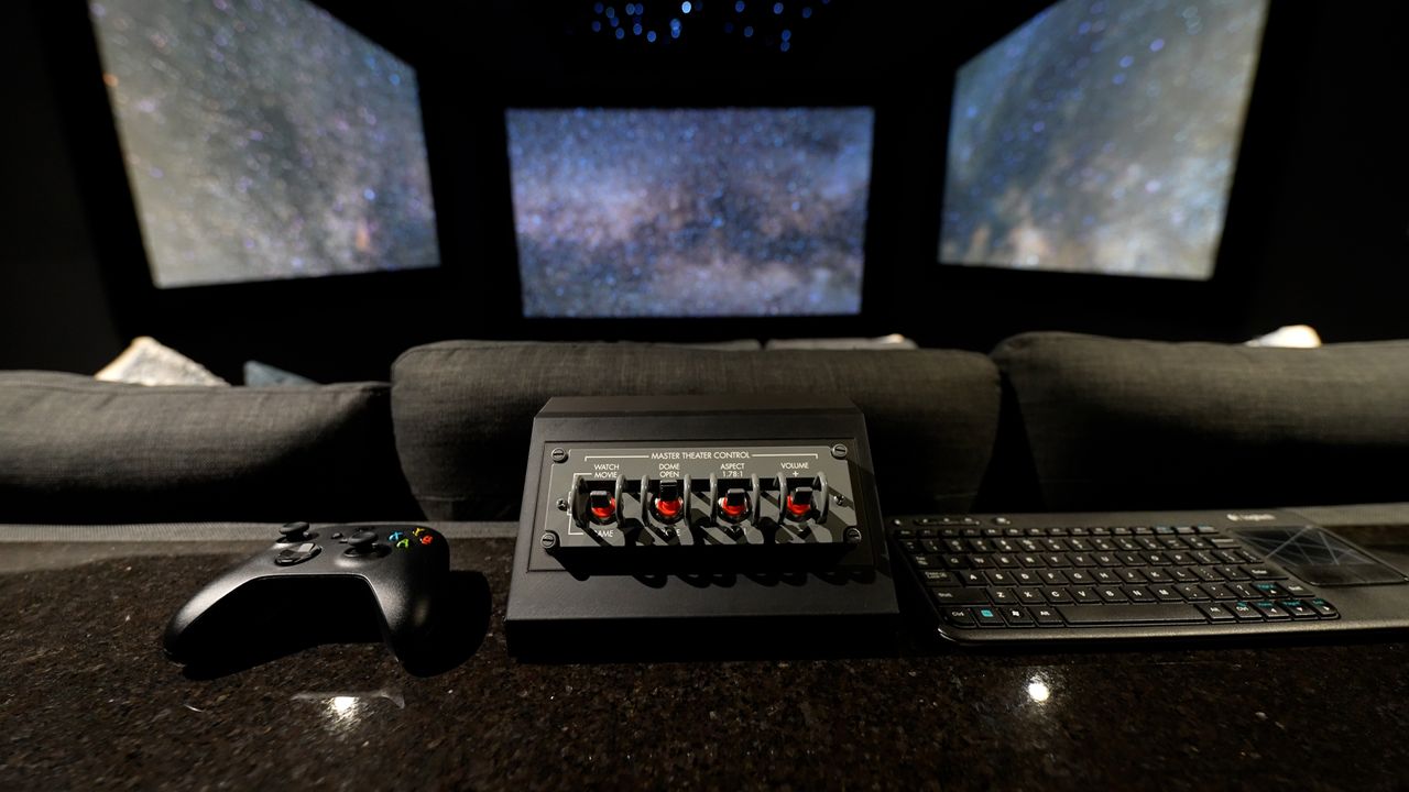 images of The Ultimate Home Theater Gaming Setup theater showing three projection screens, sofas and gaming peripherals