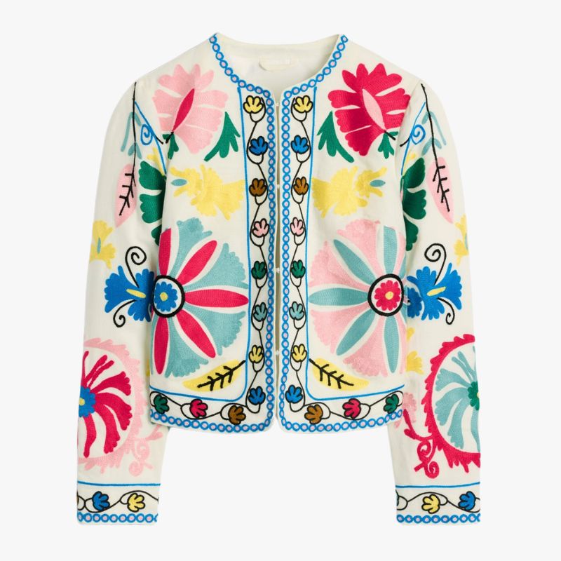 A cutout of an embroidered brightly coloured Boden jacket