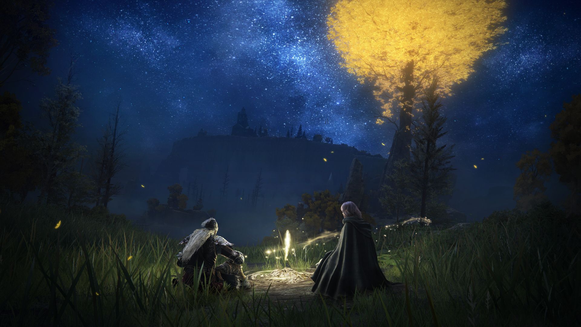 The Tarnished and Melina resting at a Site of Grace in Elden Ring