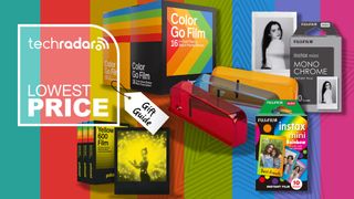 A variety of Polaroid and Instax film on a rainbow colored background