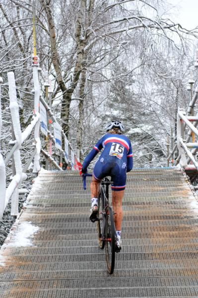 The women raced in snowy conditions.