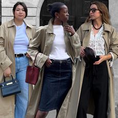 a fashion collage featuring three style influencers posing in expensive-looking trench coat outfits