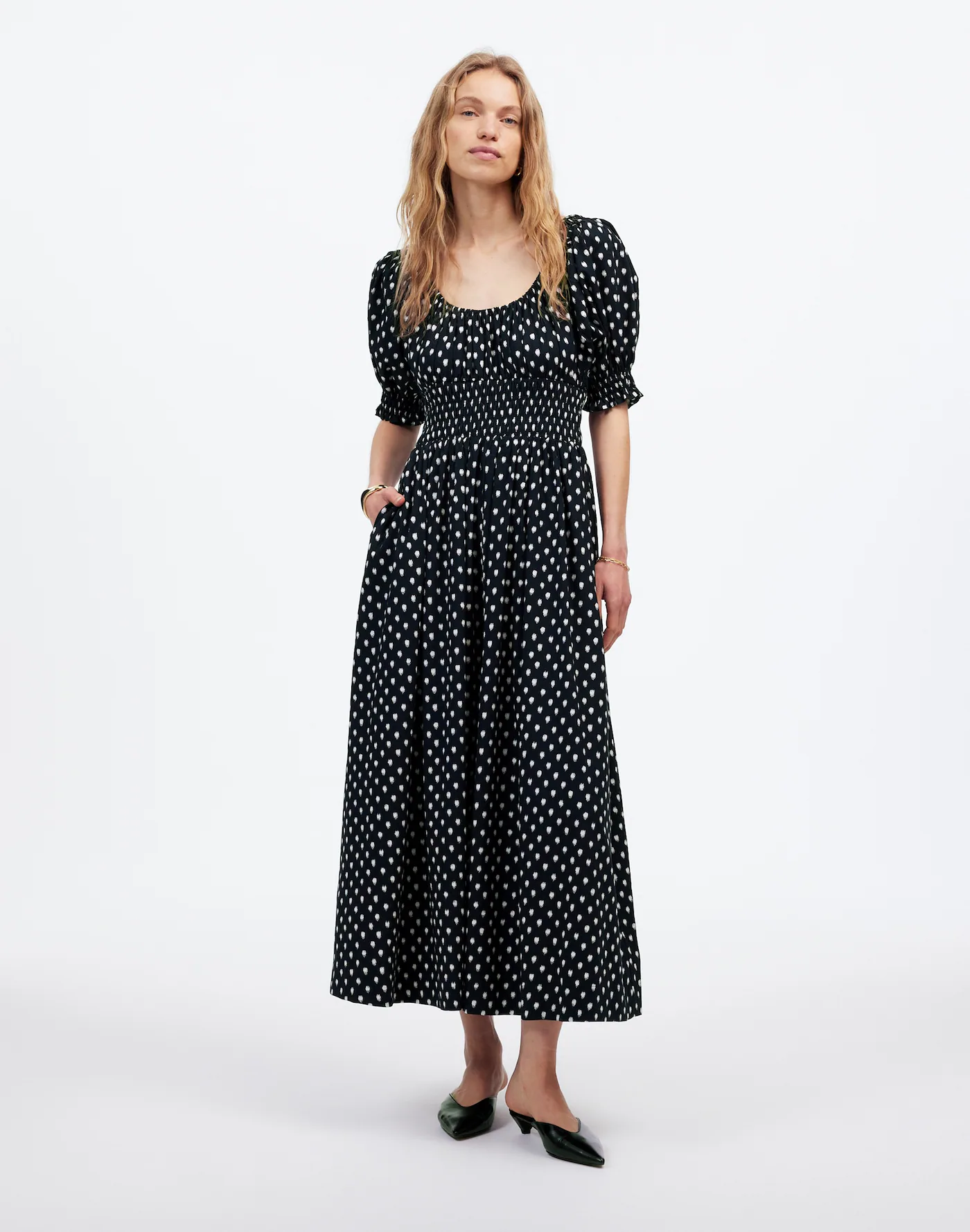 MW, Smocked-Waist Midi Dress in Shibori Dot Print