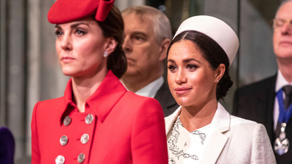 atherine, The Duchess of Cambridge stands with Meghan, Duchess of Sussex at Westminster Abbey for a Commonwealth day service on March 11, 2019 in London, England. Commonwealth Day has a special significance this year, as 2019 marks the 70th anniversary of the modern Commonwealth, with old ties and new links enabling cooperation towards social, political and economic development which is both inclusive and sustainable.