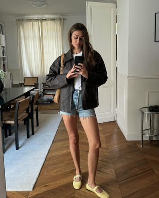 A fashion person wearing flat mary-Jane shoes and shorts