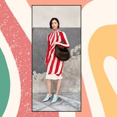 Graphic of model in a red and white striped dress against a colorful striped background.