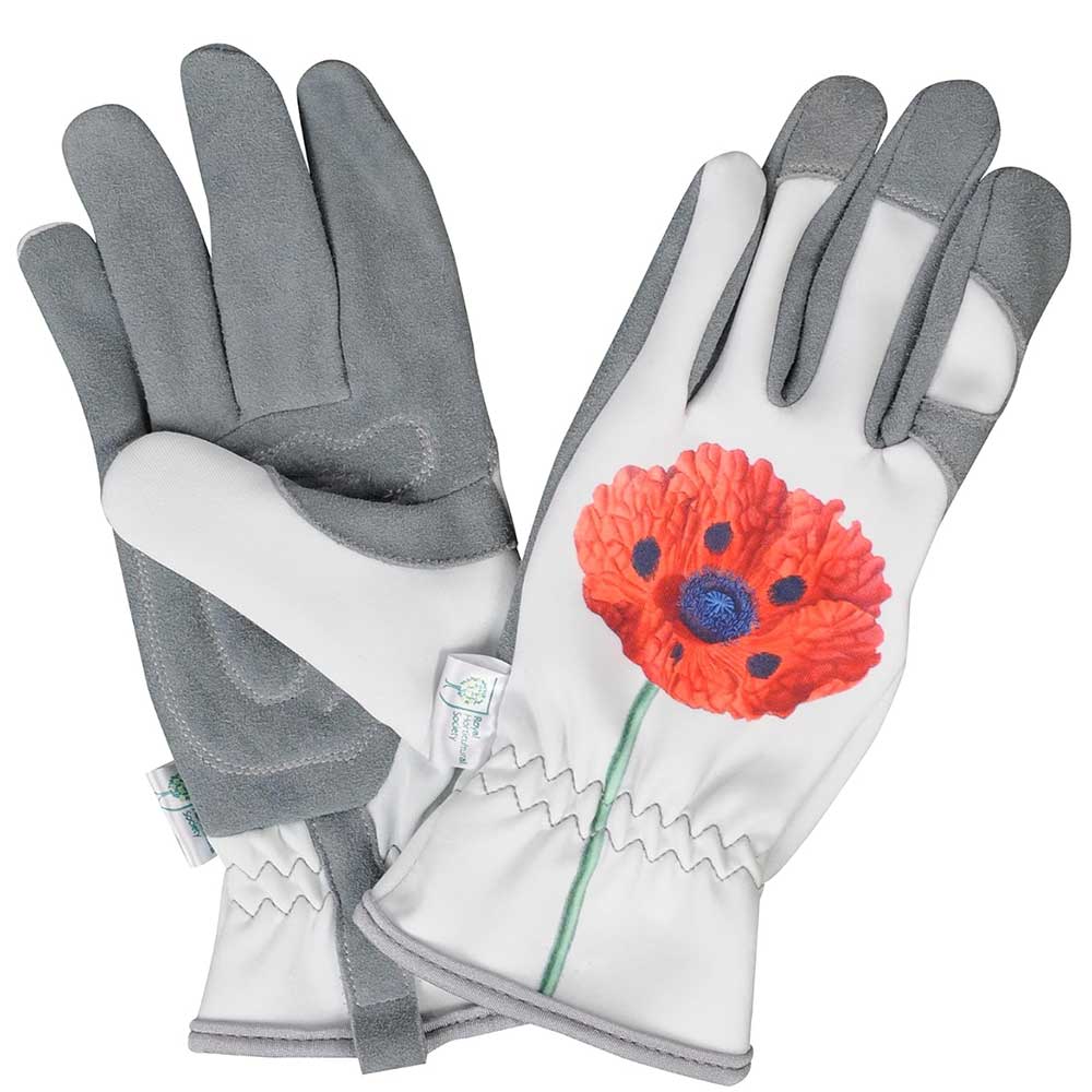 RHS grey garden gloves with red poppy design