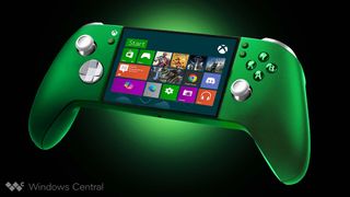 Concept art for a green Xbox handheld that has Xbox Series X-like controls and grips. The screen shows an interface reminiscent of Windows 8 tiles.