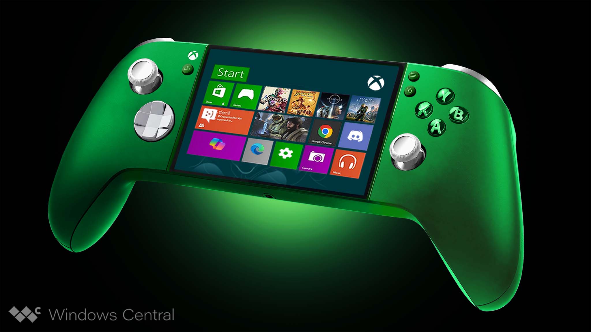 Concept art for a green Xbox handheld that has Xbox Series X-like controls and grips. The screen shows an interface reminiscent of Windows 8 tiles.