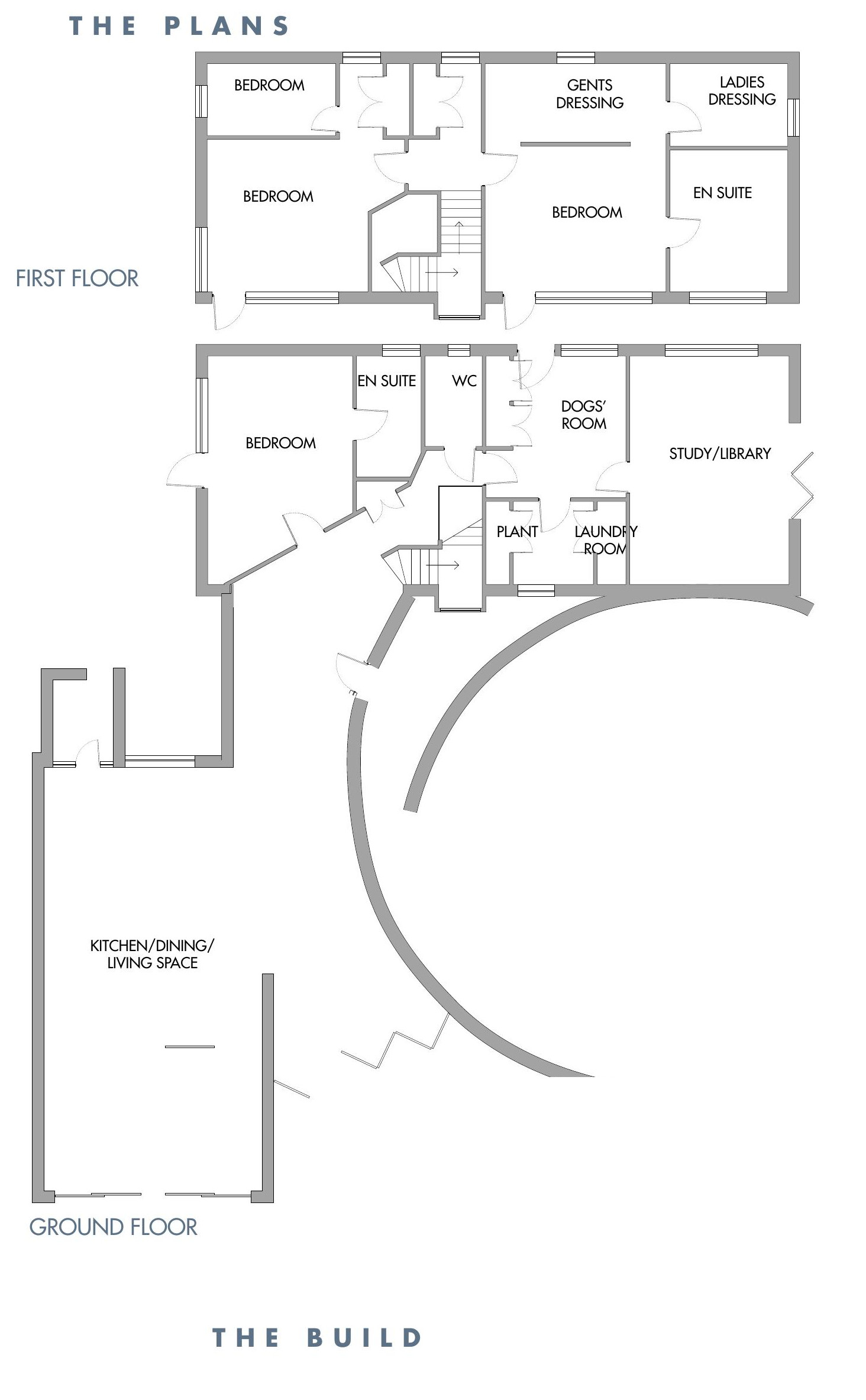 A detailed floor plan of a residential building, showcasing the layout of the first and ground floors, including rooms like bedrooms, a kitchen, and a study/library.