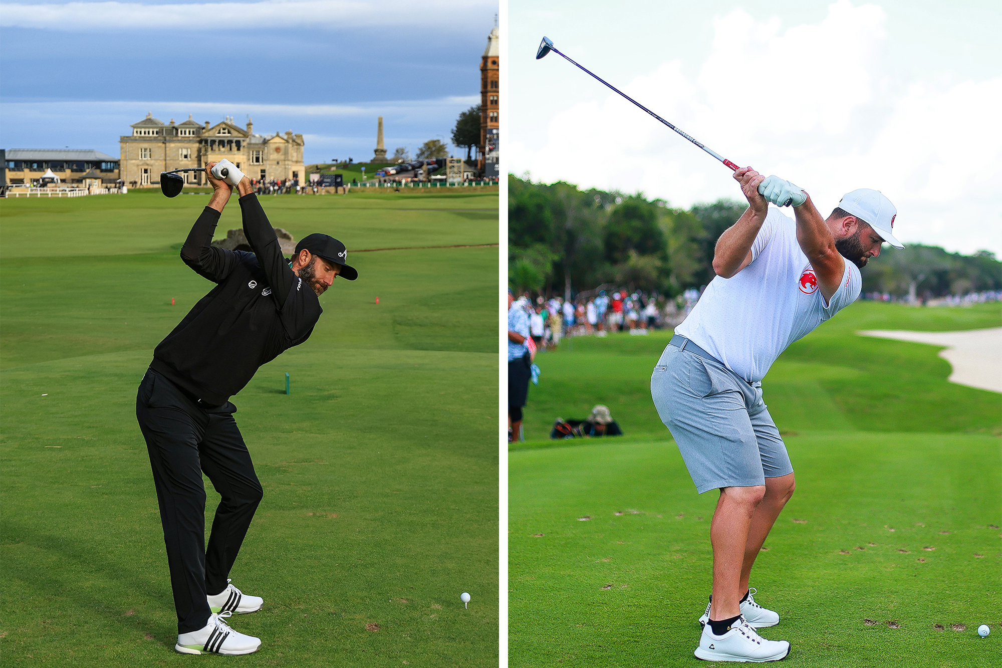 A comparison between the length of backswing for Jon Rahm (shorter) and Dustin Johnson (longer) from down the line looking towards the target